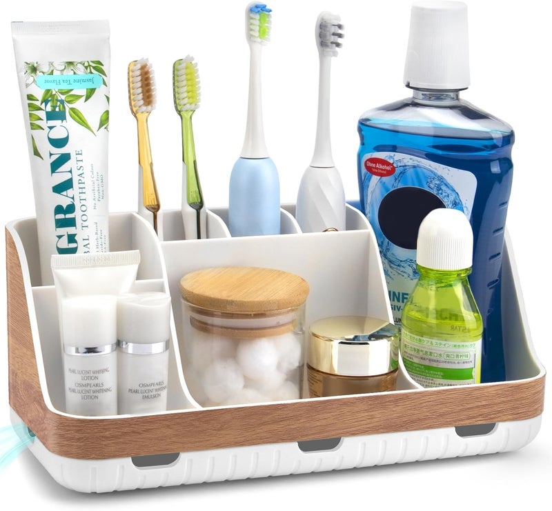 GFWARE Bathroom Countertop Organizer - Detachable 7 Slots Kids Electric Toothbrush and Toothpaste Holde Drainage for Bathroom Accessories Organization Counter Vanity Storage, Woodgrain - Image 1